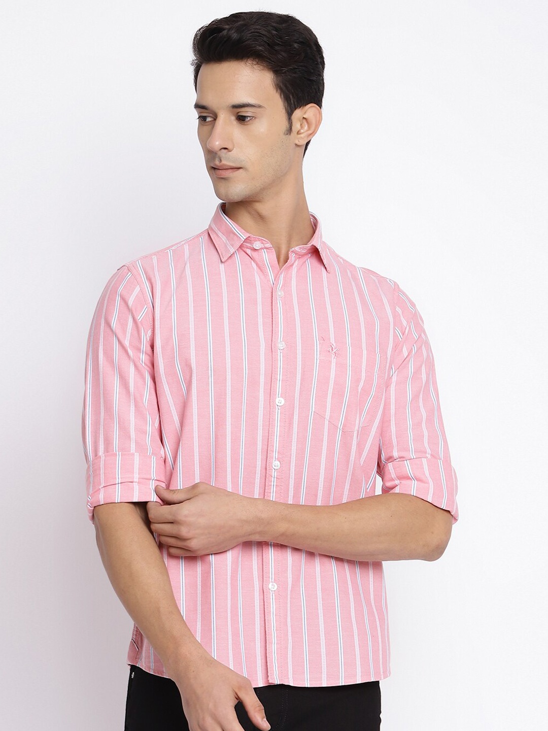 

Cantabil Men Pink Striped Cotton Casual Shirt