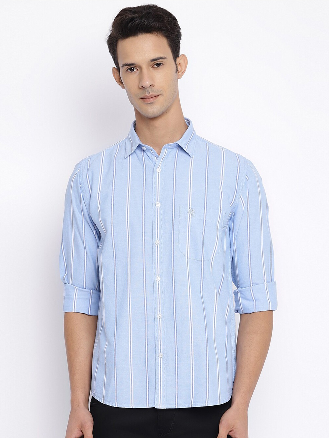

Cantabil Men Blue Striped Cotton Casual Shirt