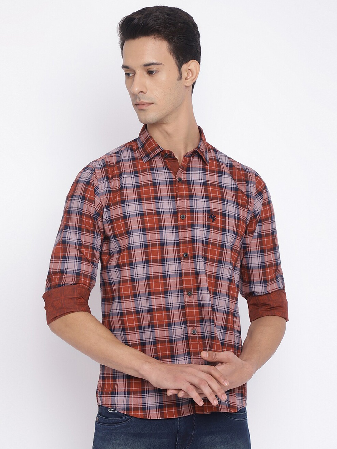 

Cantabil Men Tartan Checked Cotton Casual Shirt, Rust