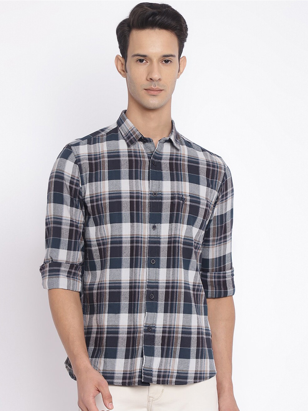 

Cantabil Men Blue Tartan Checked Cotton Casual Shirt