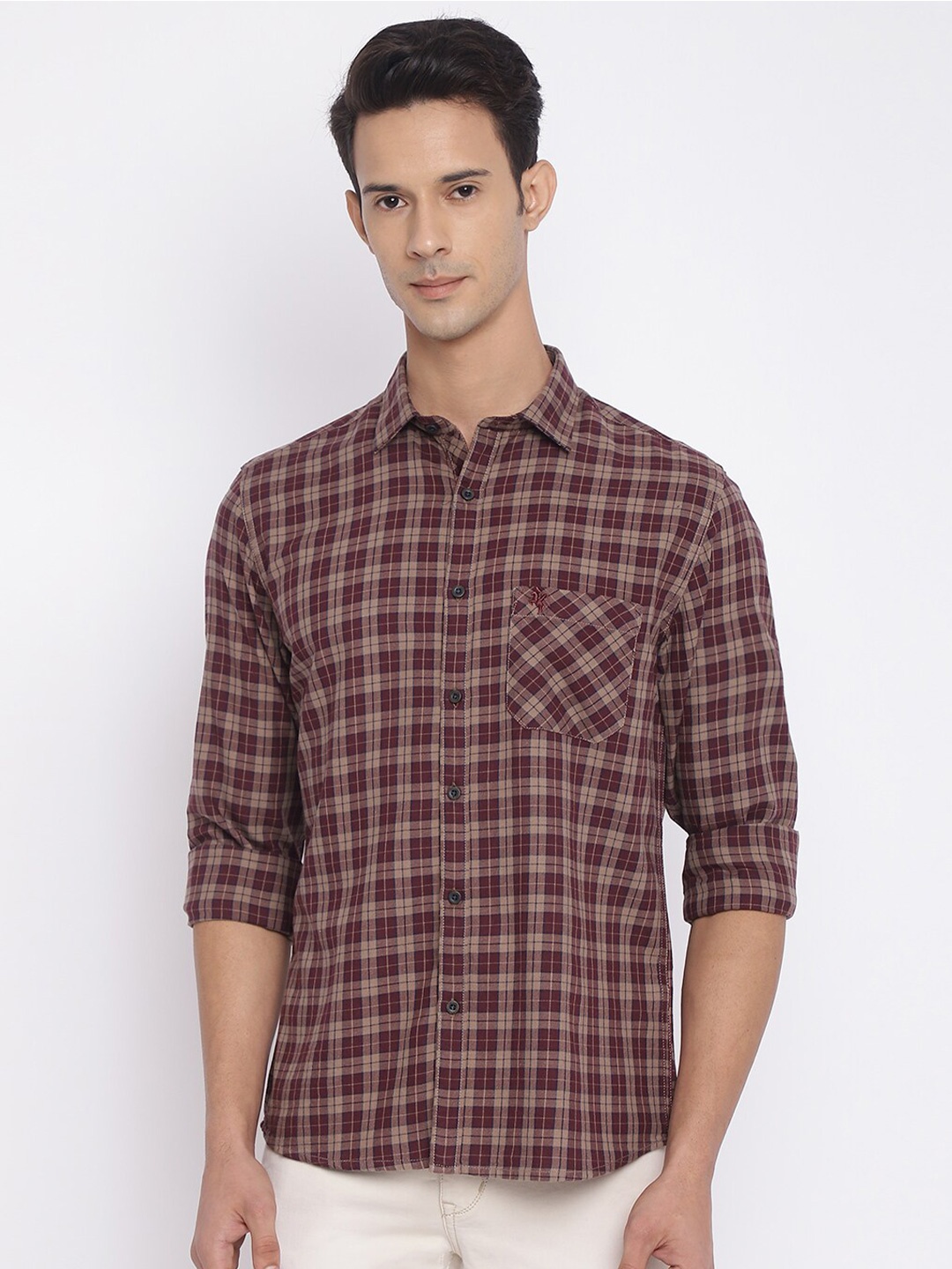

Cantabil Men Maroon Tartan Checked Cotton Casual Shirt