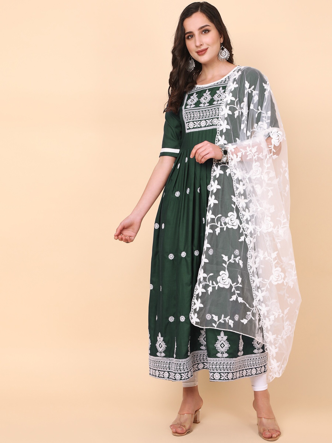 

KALINI Chikankari Embroidered Anarkali Kurta with Dupatta, Green