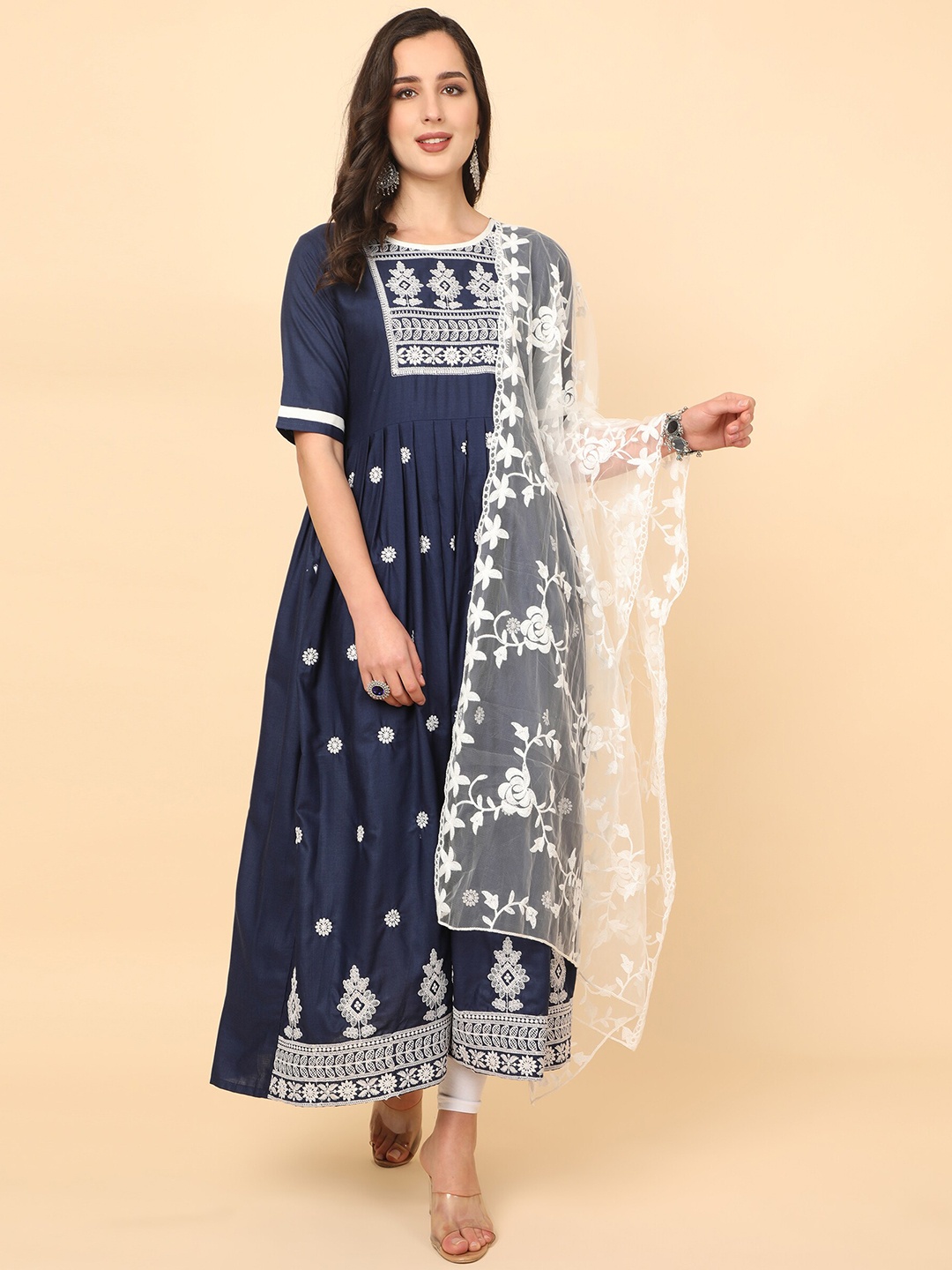 

KALINI Women Blue Chikankari Embroidered Anarkali Kurta with Dupatta