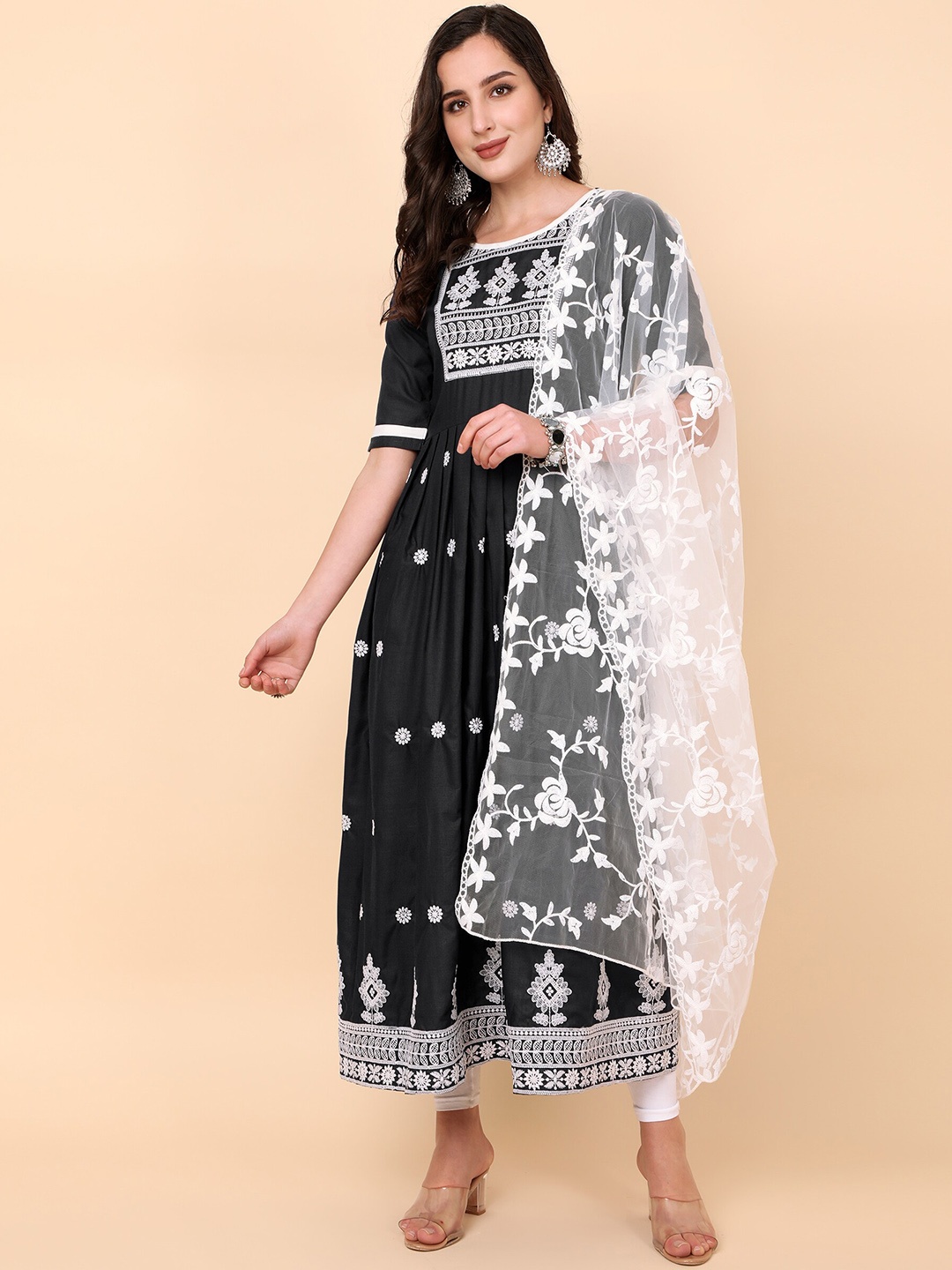 

KALINI Chikankari Embroidered Anarkali Kurta with Dupatta, Black