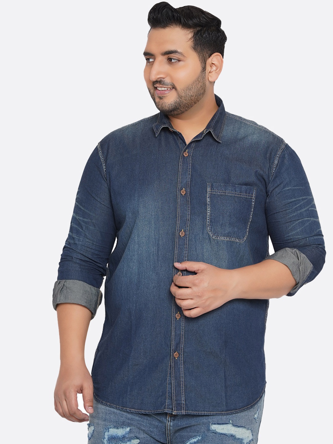 

John Pride Men Plus Size Faded Casual Denim Shirt, Blue