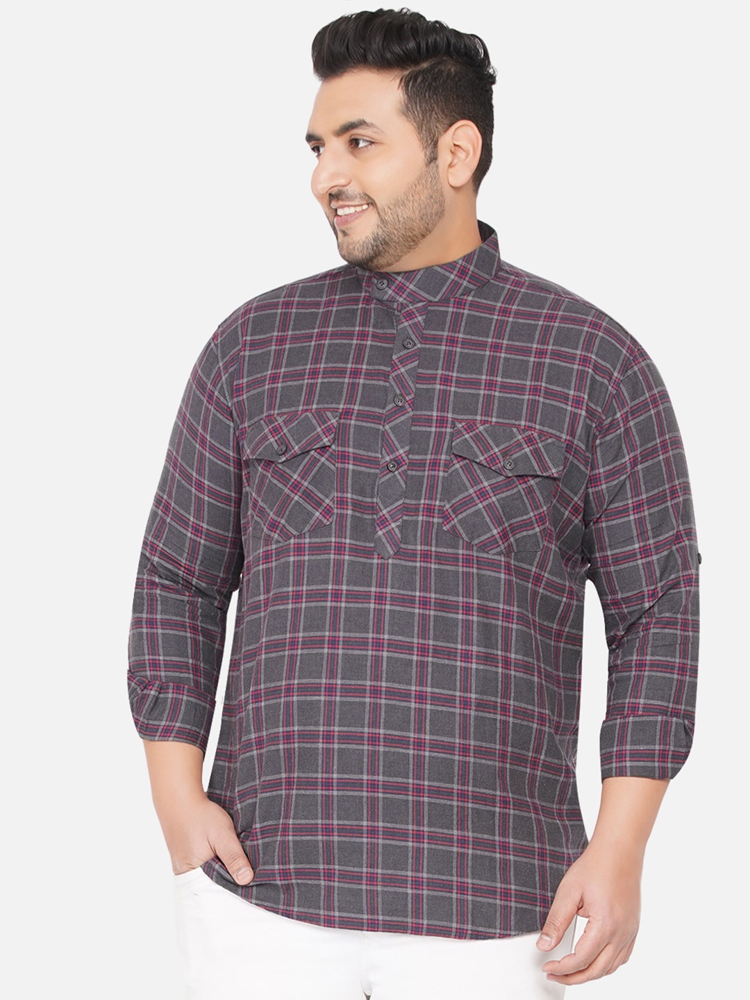 

John Pride Plus Size Tartan Checks Checked Casual Shirt, Grey