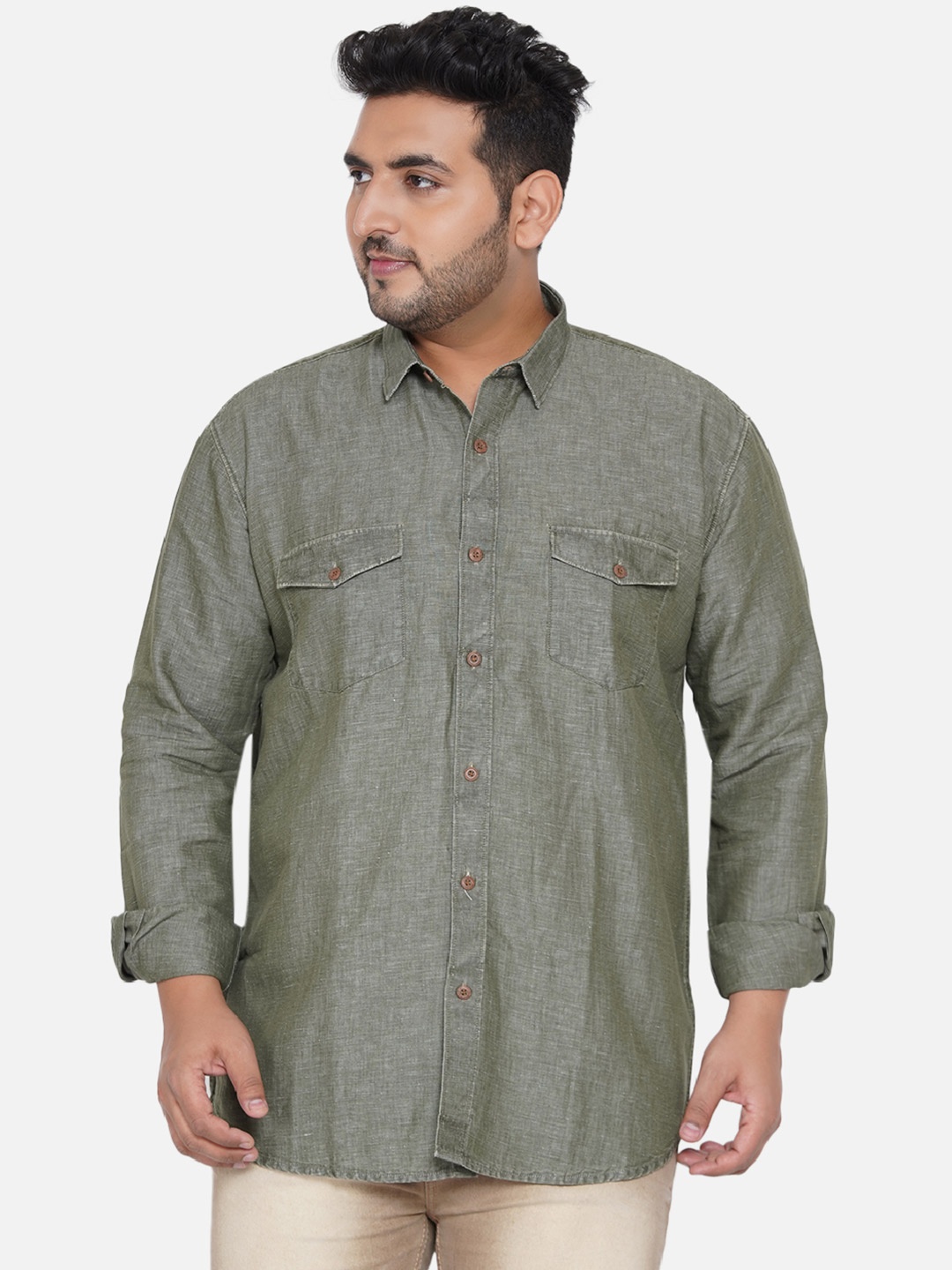 

John Pride Plus Size Men Green Regular Fit Casual Linen Shirt