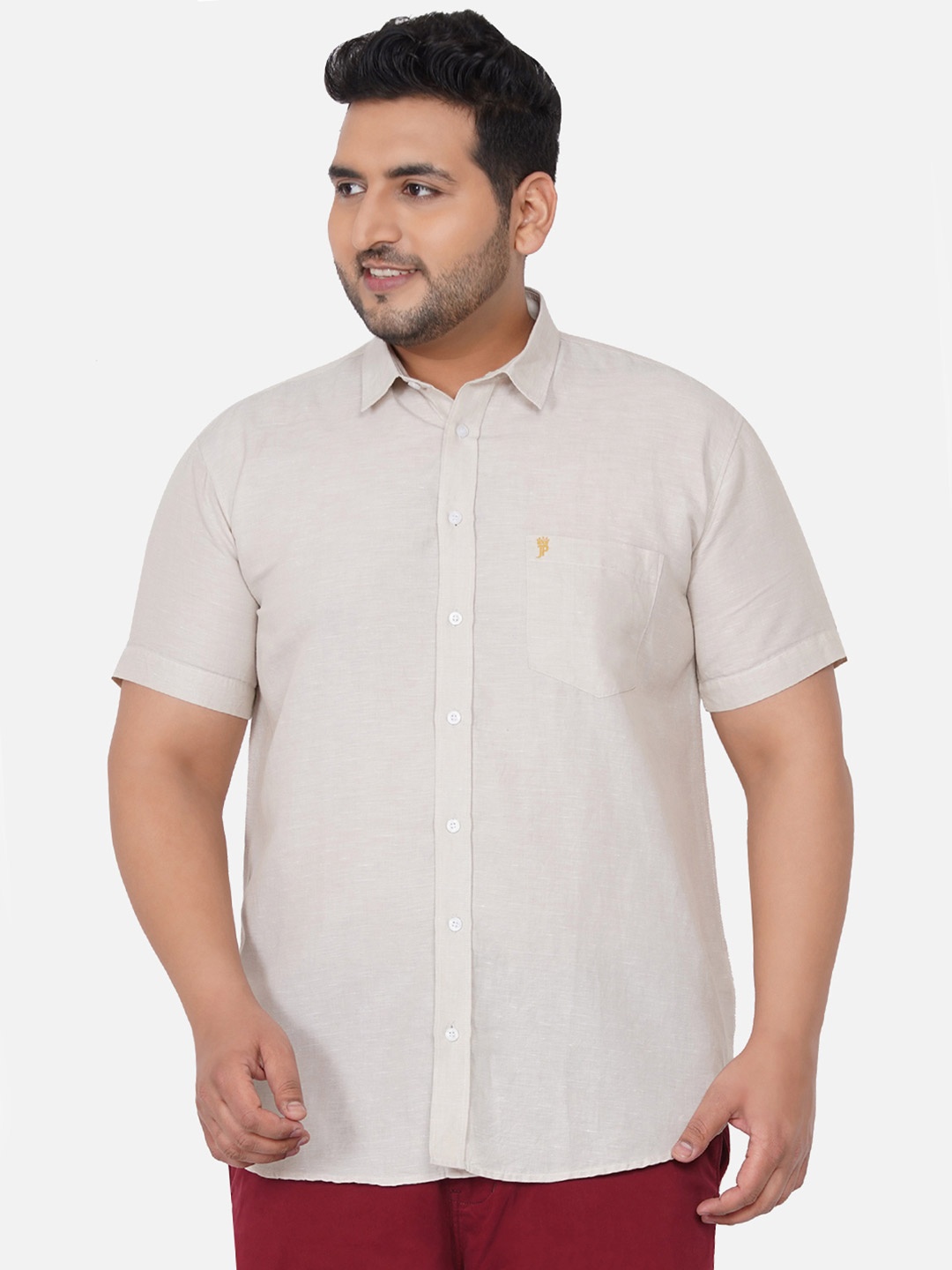 

John Pride Plus Size Men Regular Fit Casual Linen Shirt, Beige
