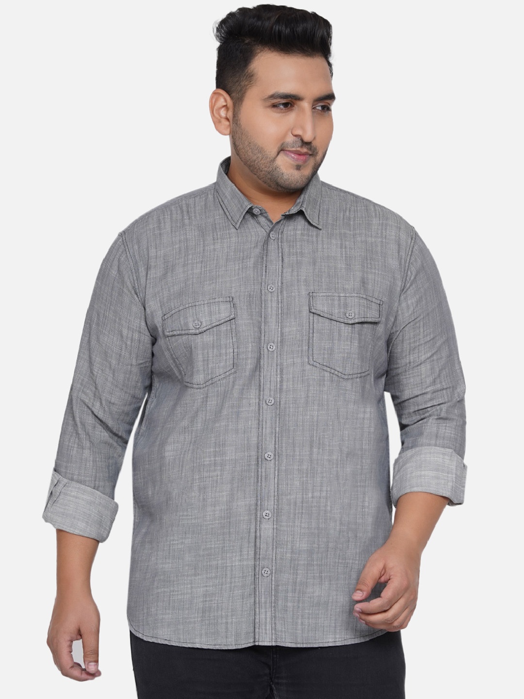 

John Pride Plus Size Men Grey Casual Cotton Shirt
