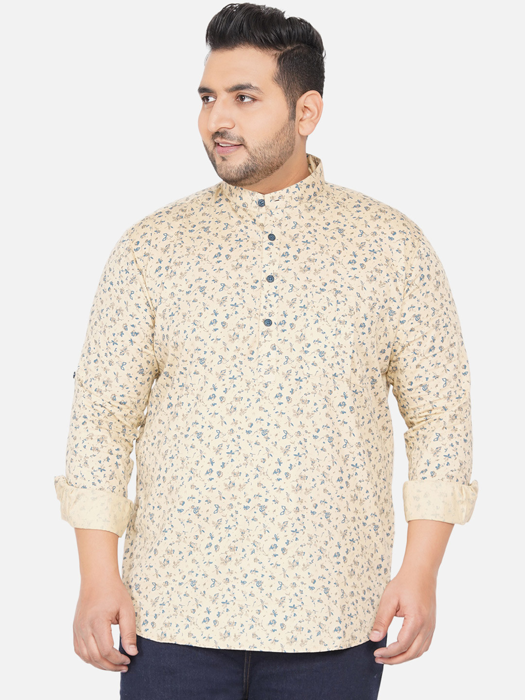 

John Pride Plus Size Floral Printed Casual Cotton Shirt, Beige