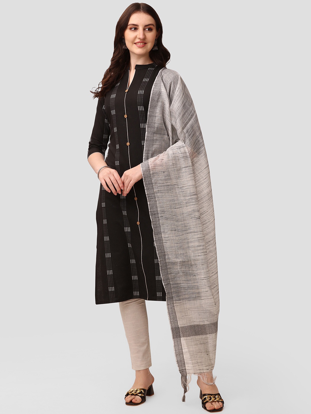 

KALINI Women Black Striped Pure Cotton Kurta with Trousers & With Dupatta