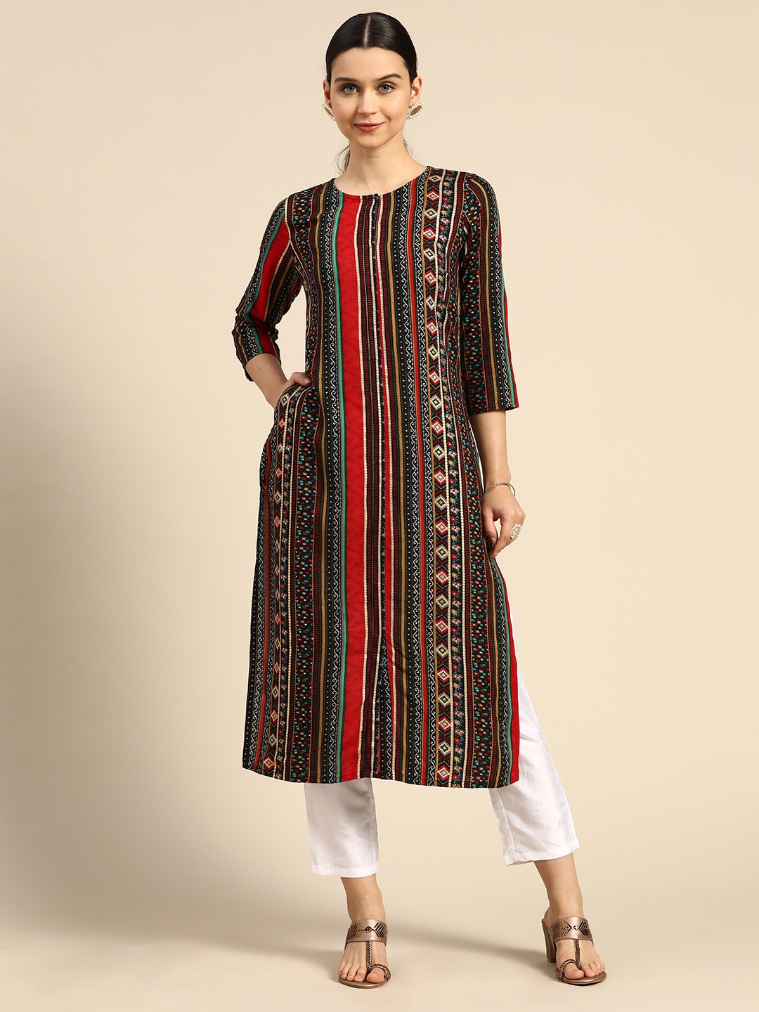 

Anouk Women Black & Red Tribal Printed & Striped Kurta