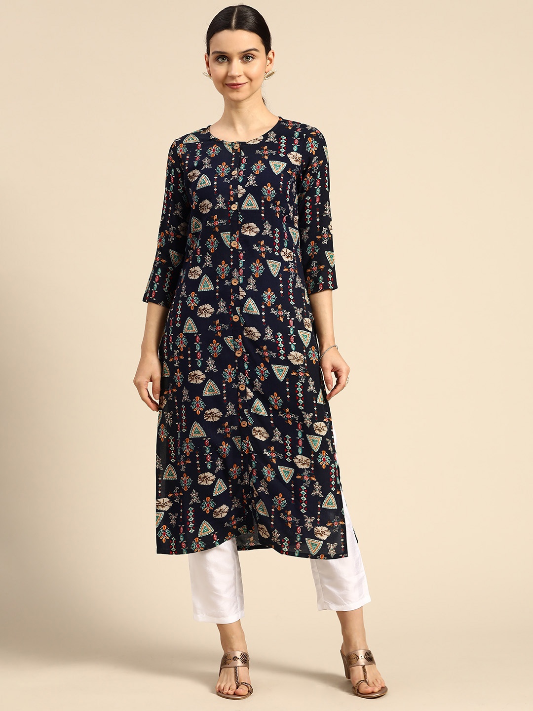 

Anouk Women Navy Blue & Green Ethnic Motifs Printed Kurta