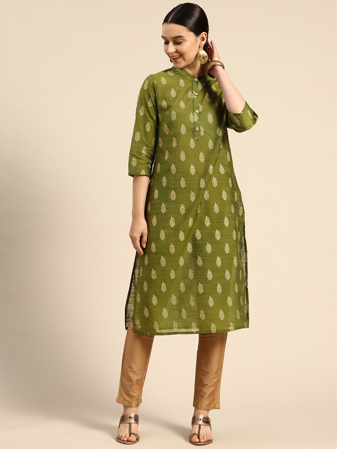 

Anouk Women Green & Beige Ethnic Motifs Printed Floral Kurta