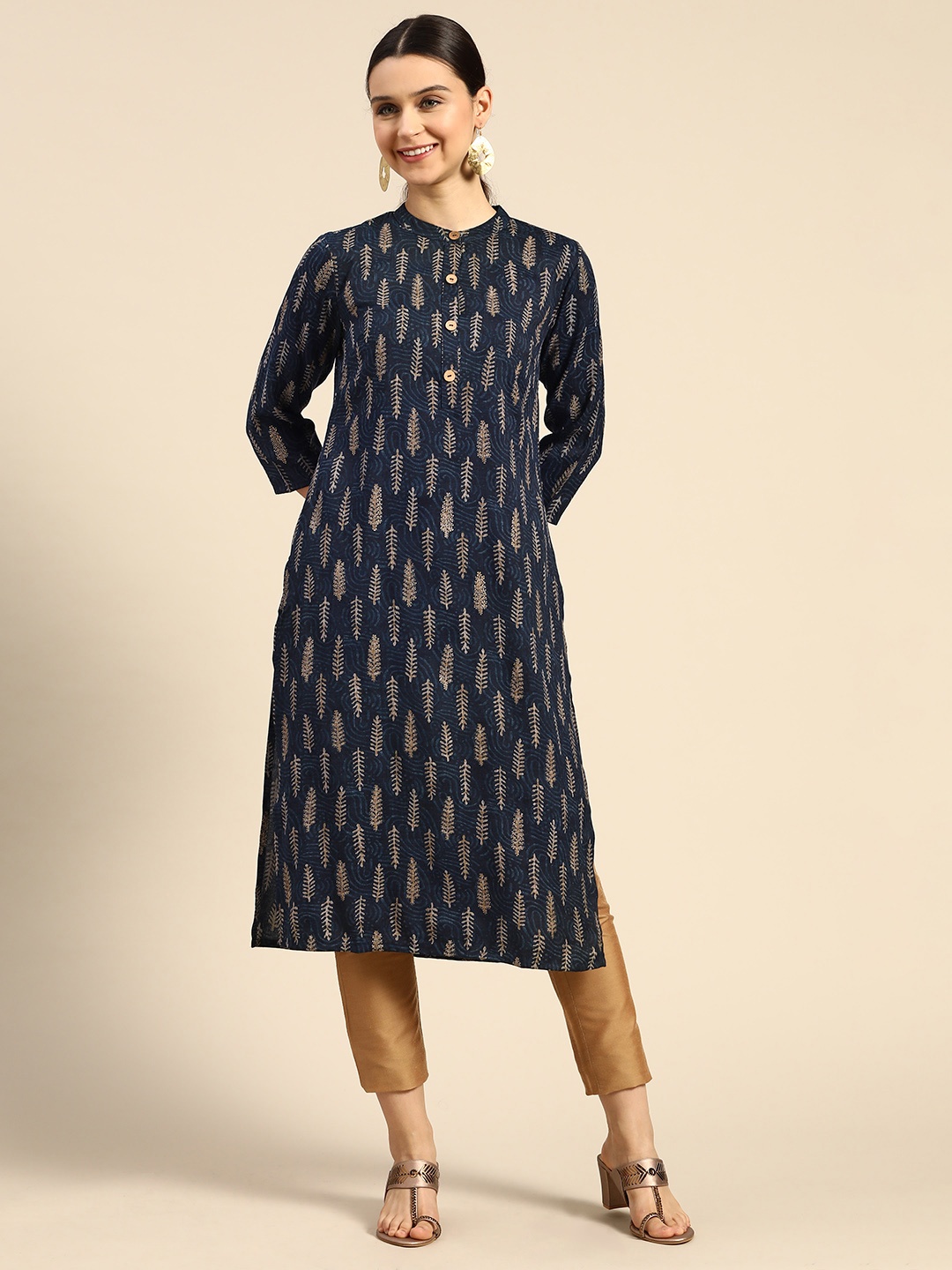 

Anouk Women Navy Blue & Brown Ethnic Motifs Printed Kurta