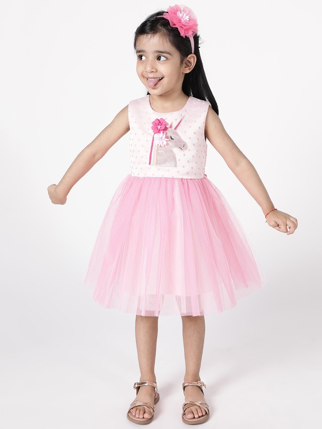 

A Little Fable Girls Pink Round Neck Fit And Flare Dress