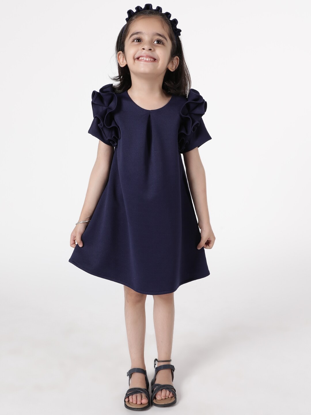 

A Little Fable Girls Navy Blue Round Neck A-Line Dress