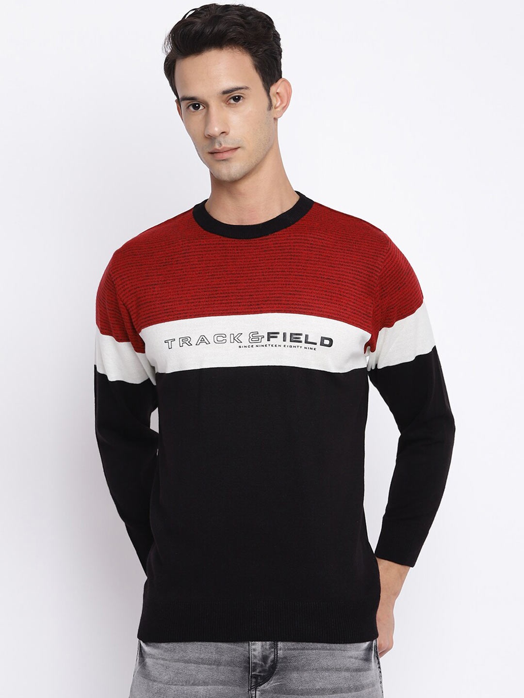 

Cantabil Men Black & Red Colourblocked Pullover