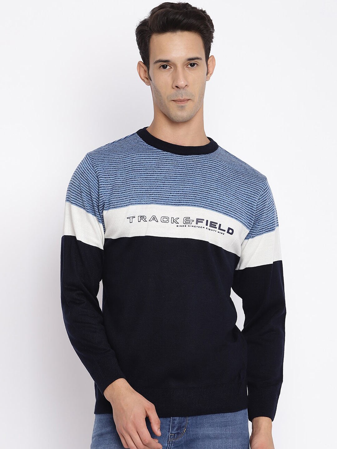

Cantabil Men Blue & Navy Blue Striped Pullover