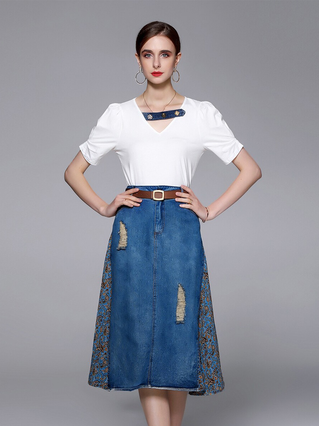 

JC Collection Women White & Blue Solid Top With Skirt, Navy blue
