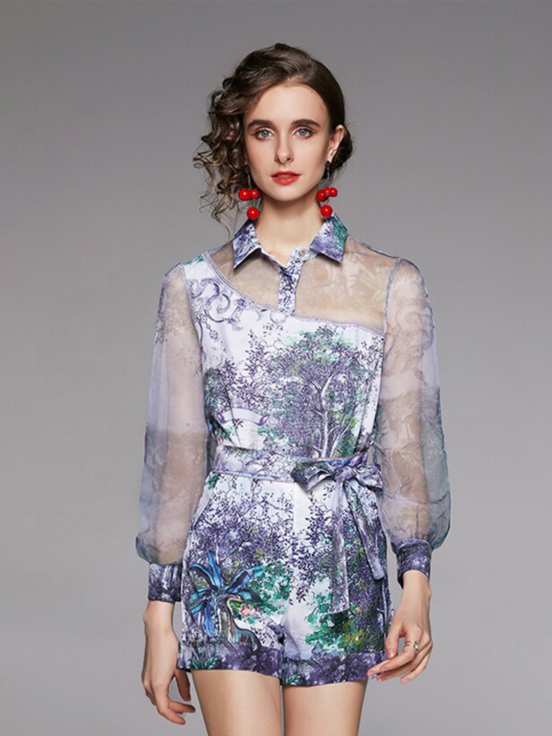 

JC Collection Women Purple & White Printed Top With Shorts
