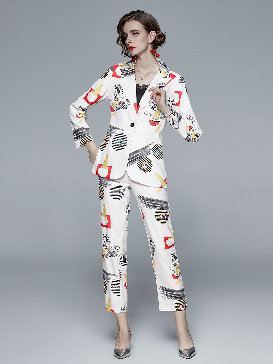 

JC Collection Women White & Black Printed Coat with Trousers