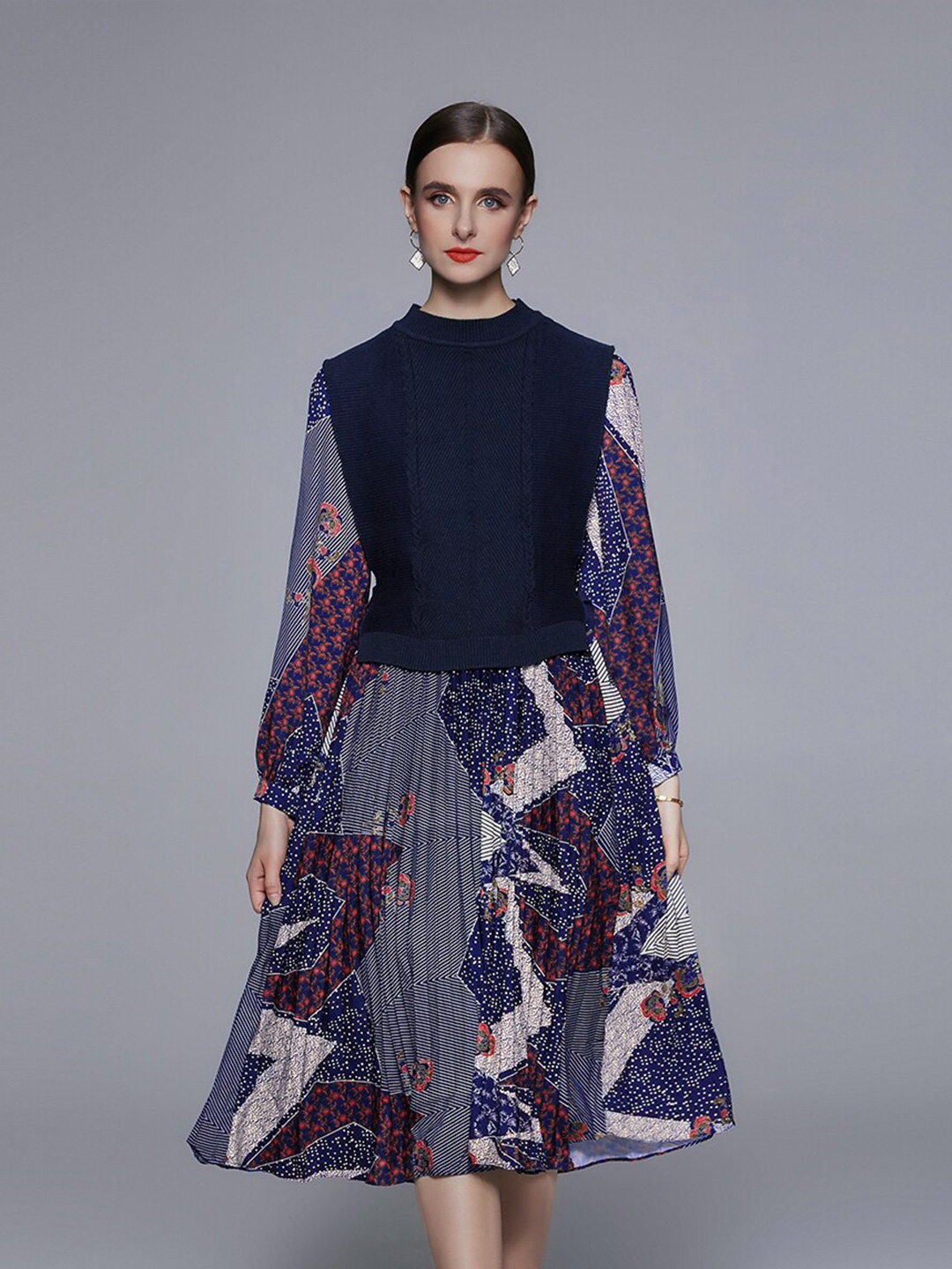 

JC Collection Women Navy Blue & White Printed Top with Skirt
