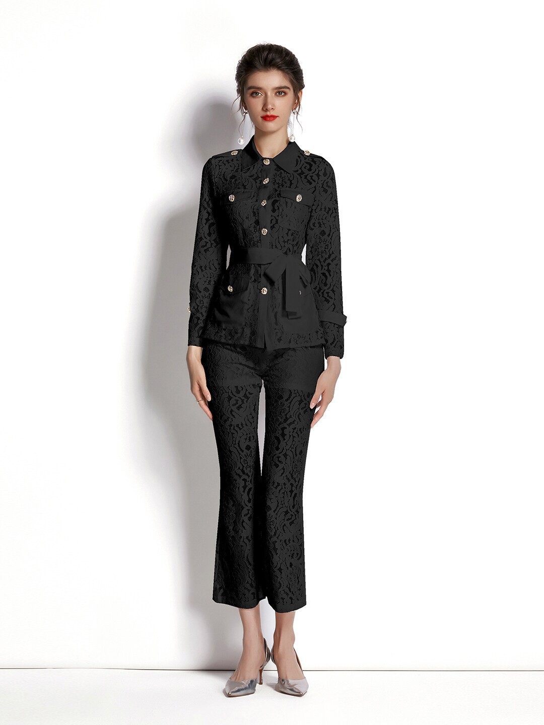 

JC Collection Women Black Floral Lace Co-Ords