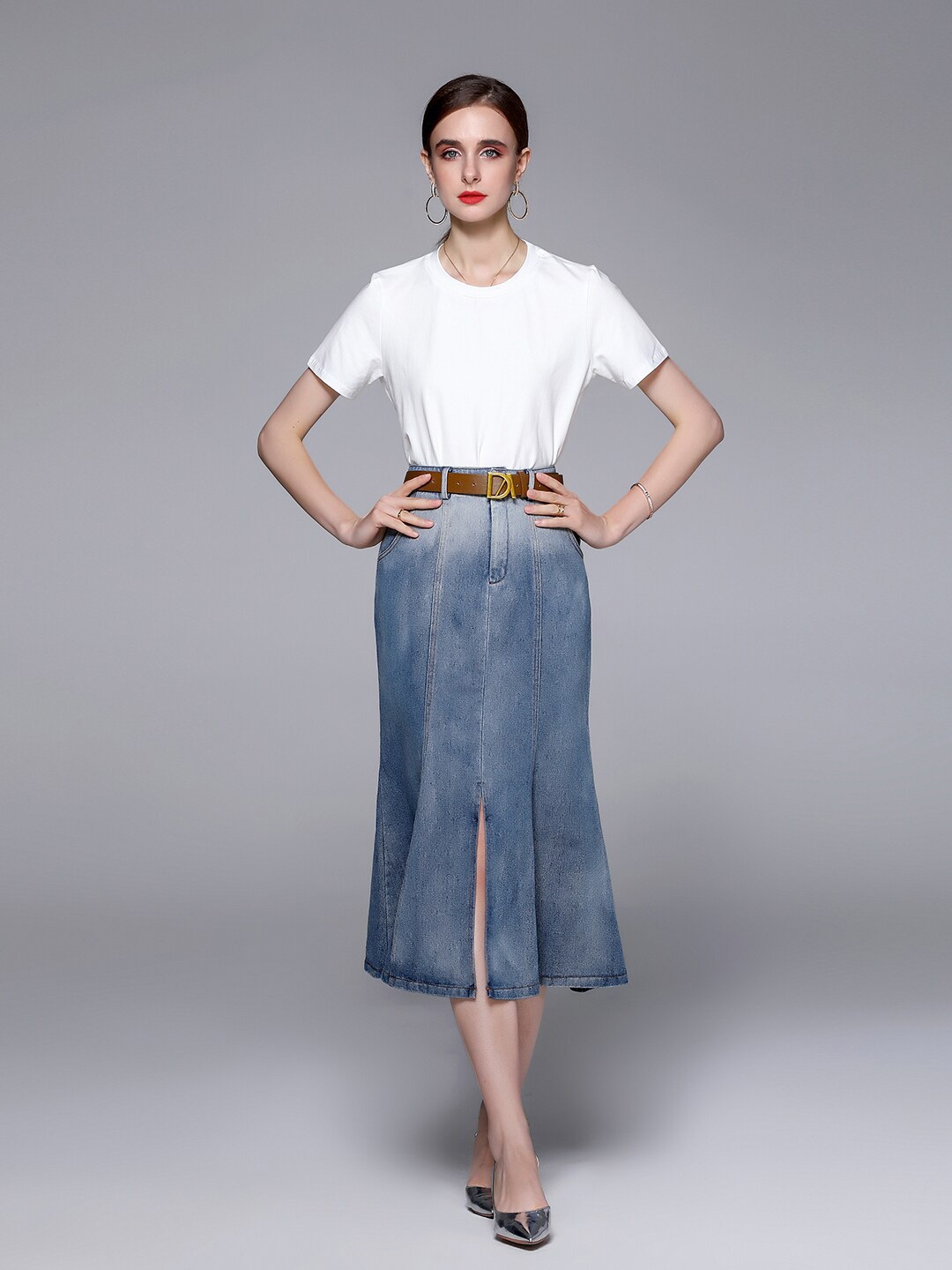 

JC Collection Women Blue & White T-Shirt With Skirt