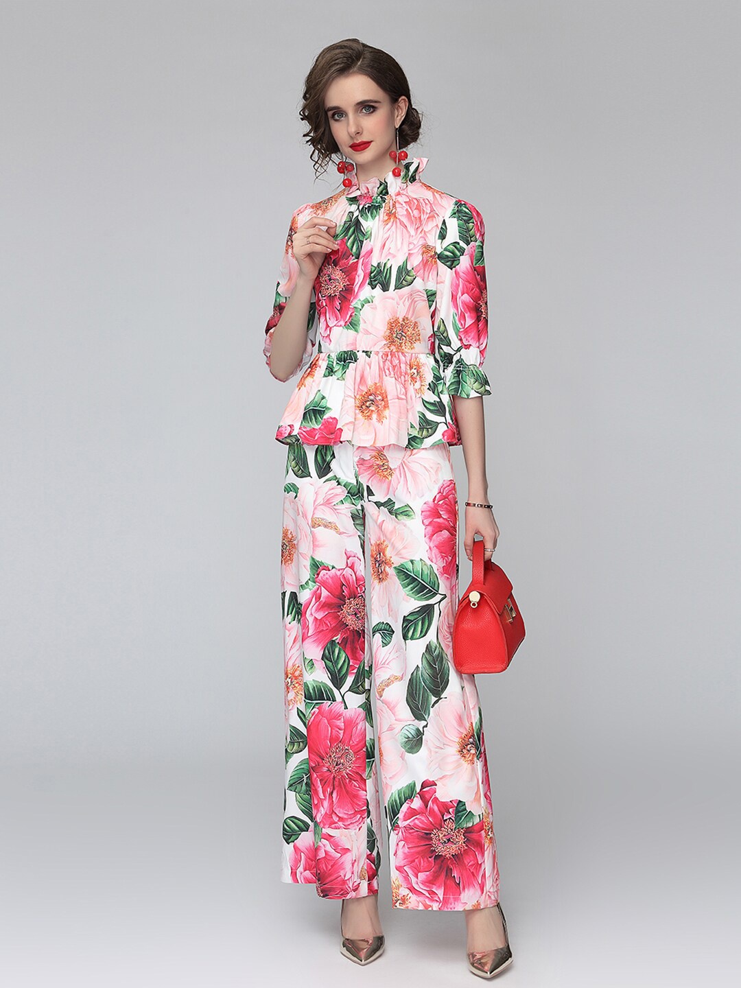 

JC Collection Women Pink & Green Floral Printed Shirt with Palazzo Co-Ords Set