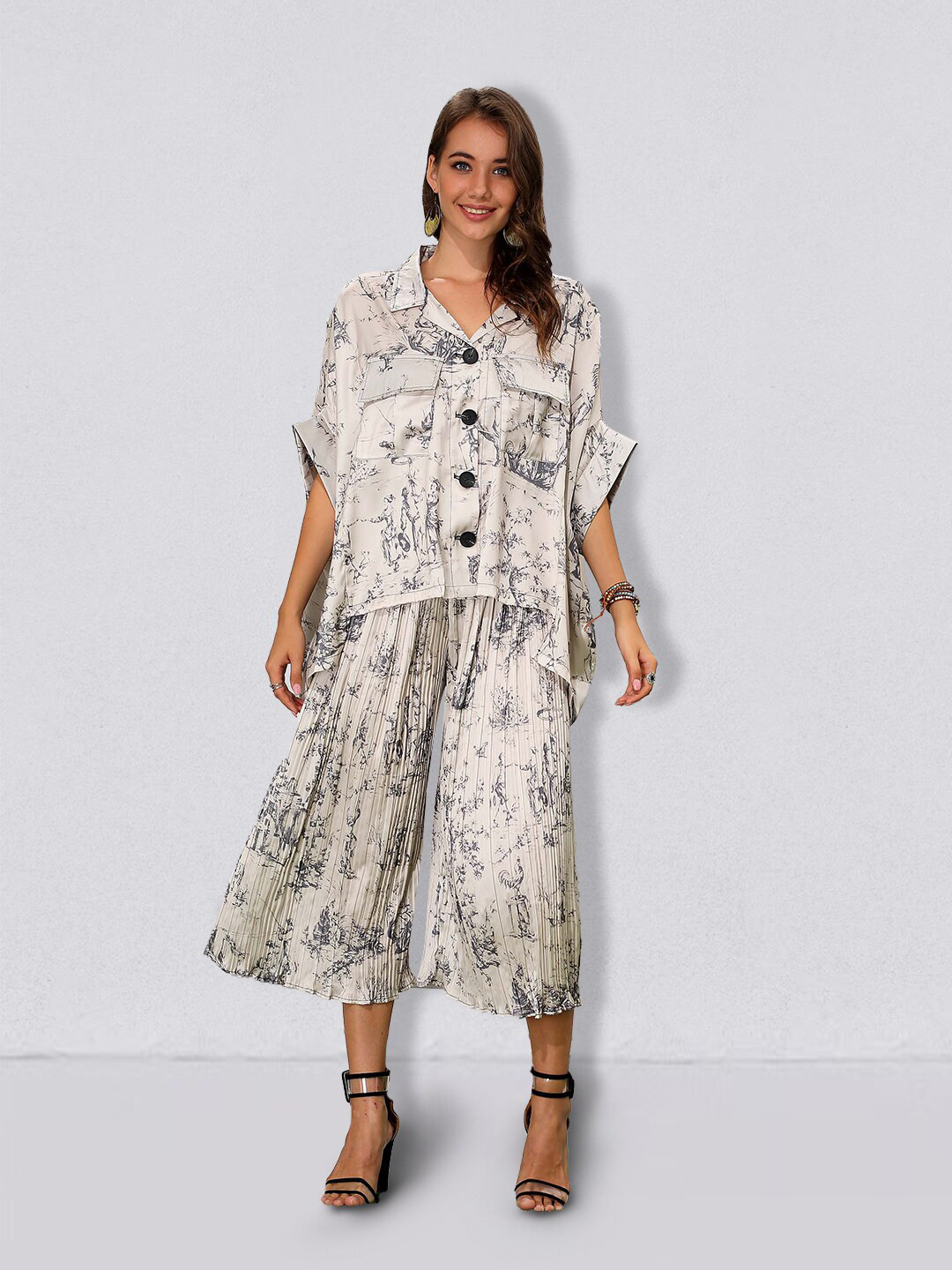 

JC Collection Women Beige Printed Shirt with Palazzo Co-Ords Set