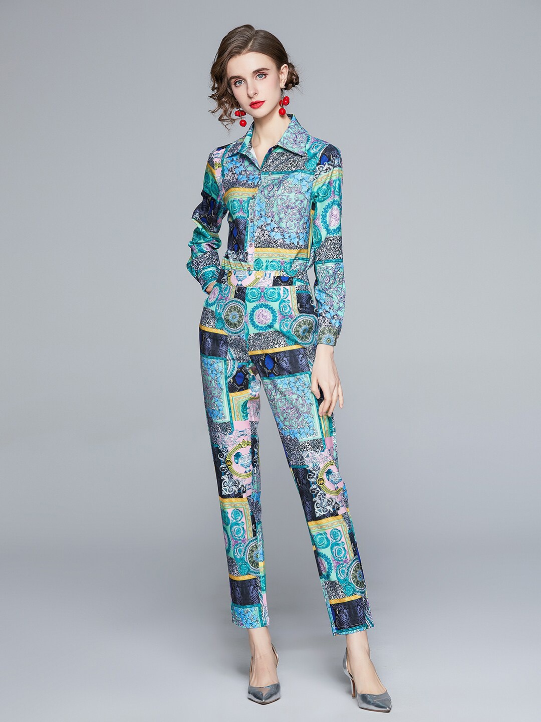 

JC Collection Women Blue & Green Printed Shirt with Trouser Co-Ords Set