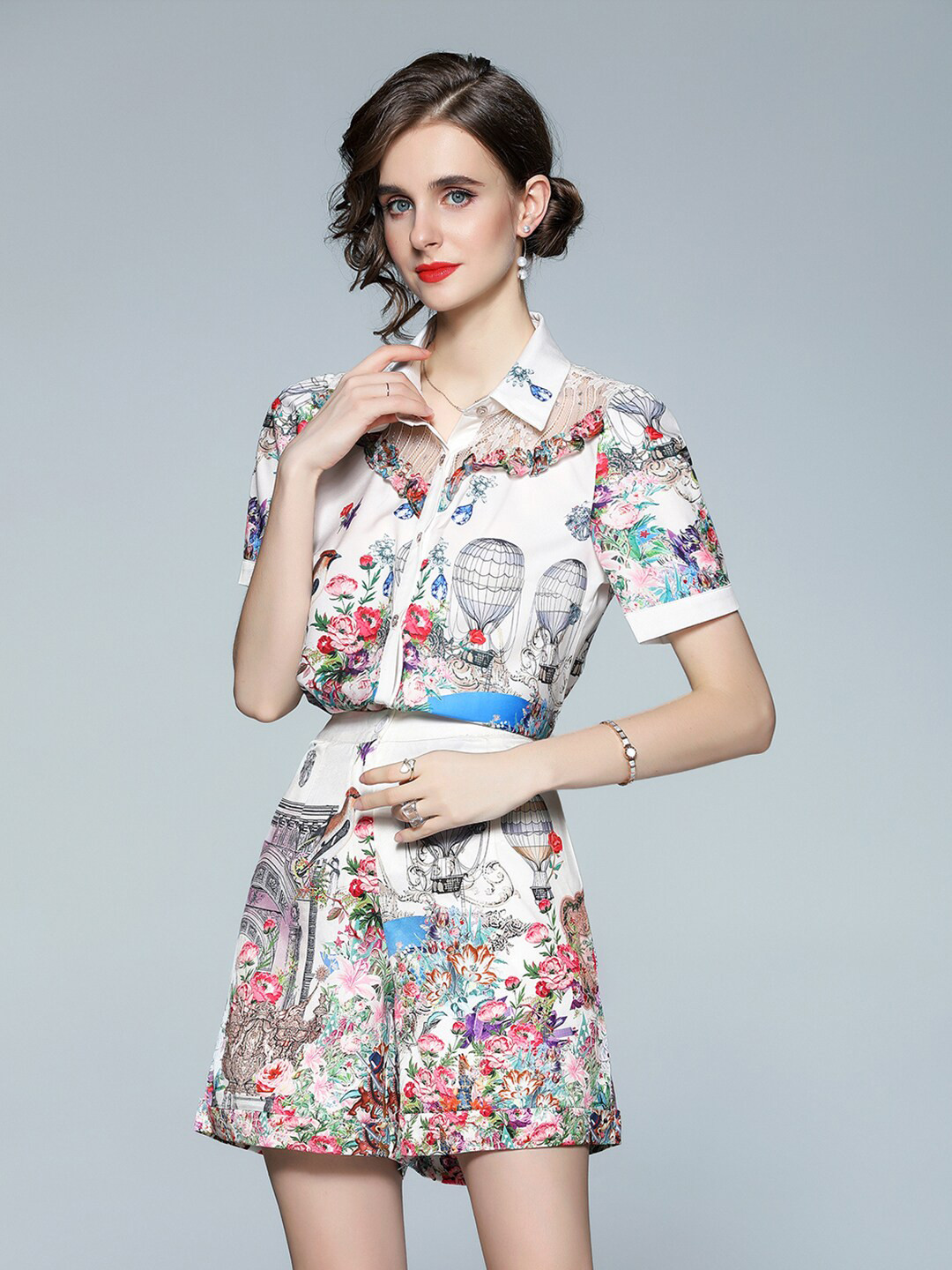 

JC Collection Women White & Blue Printed Shirt with Shorts Co-Ords Set