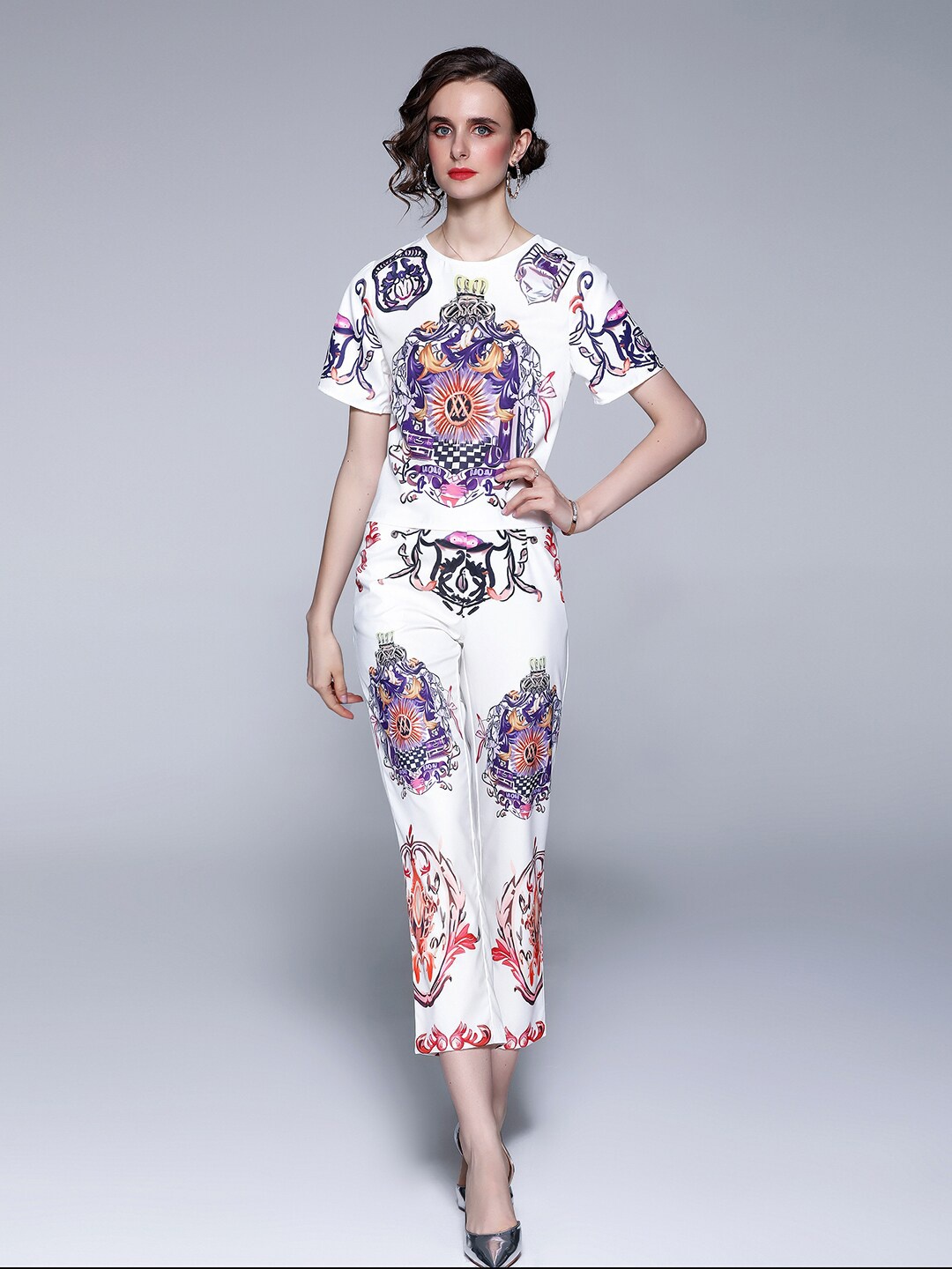 

JC Collection Women White & Purple Printed Top with Trouser Co-Ords Set