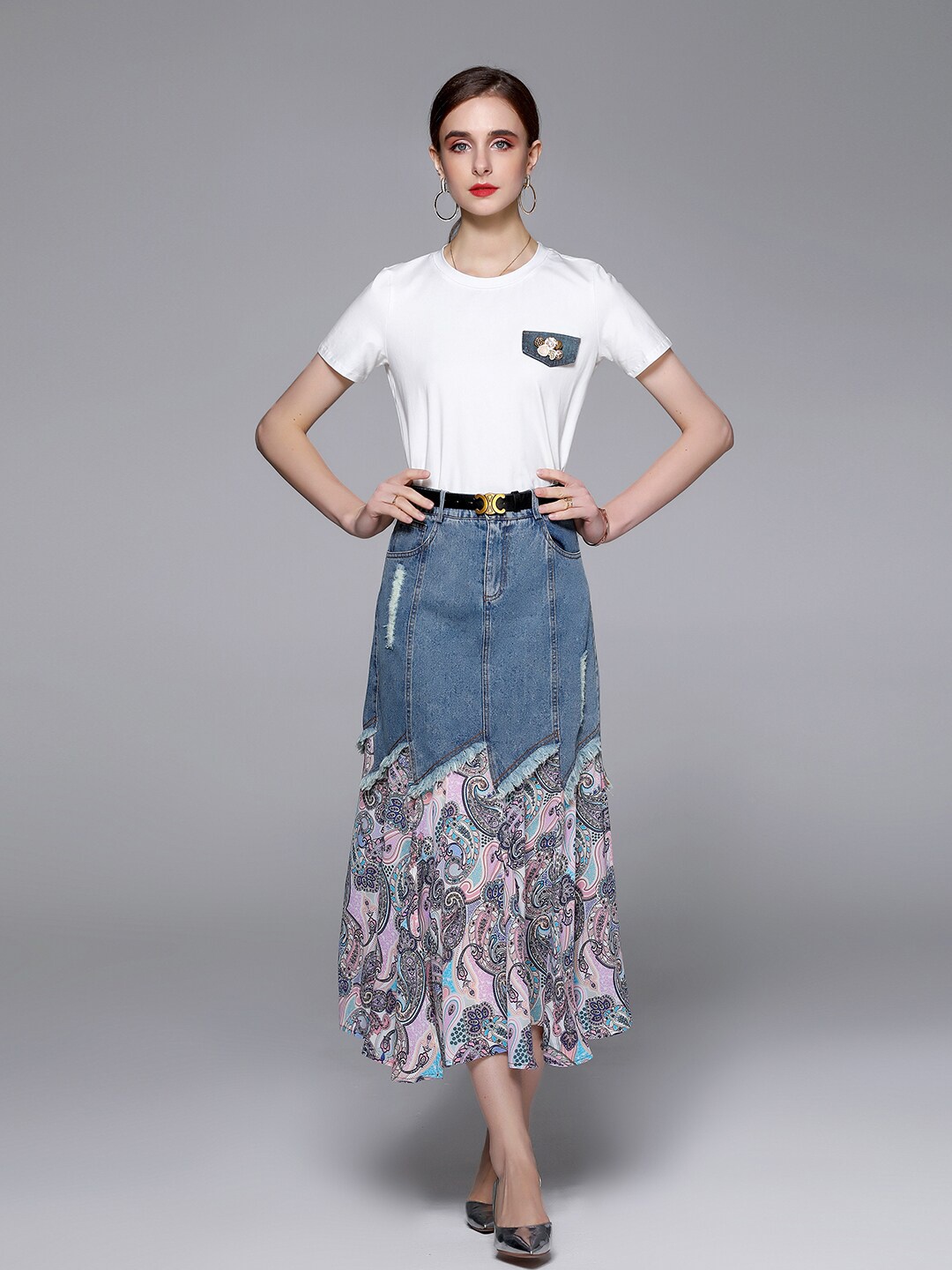 

JC Collection Women Purple & White T-Shirt with Skirt Co-Ords Set