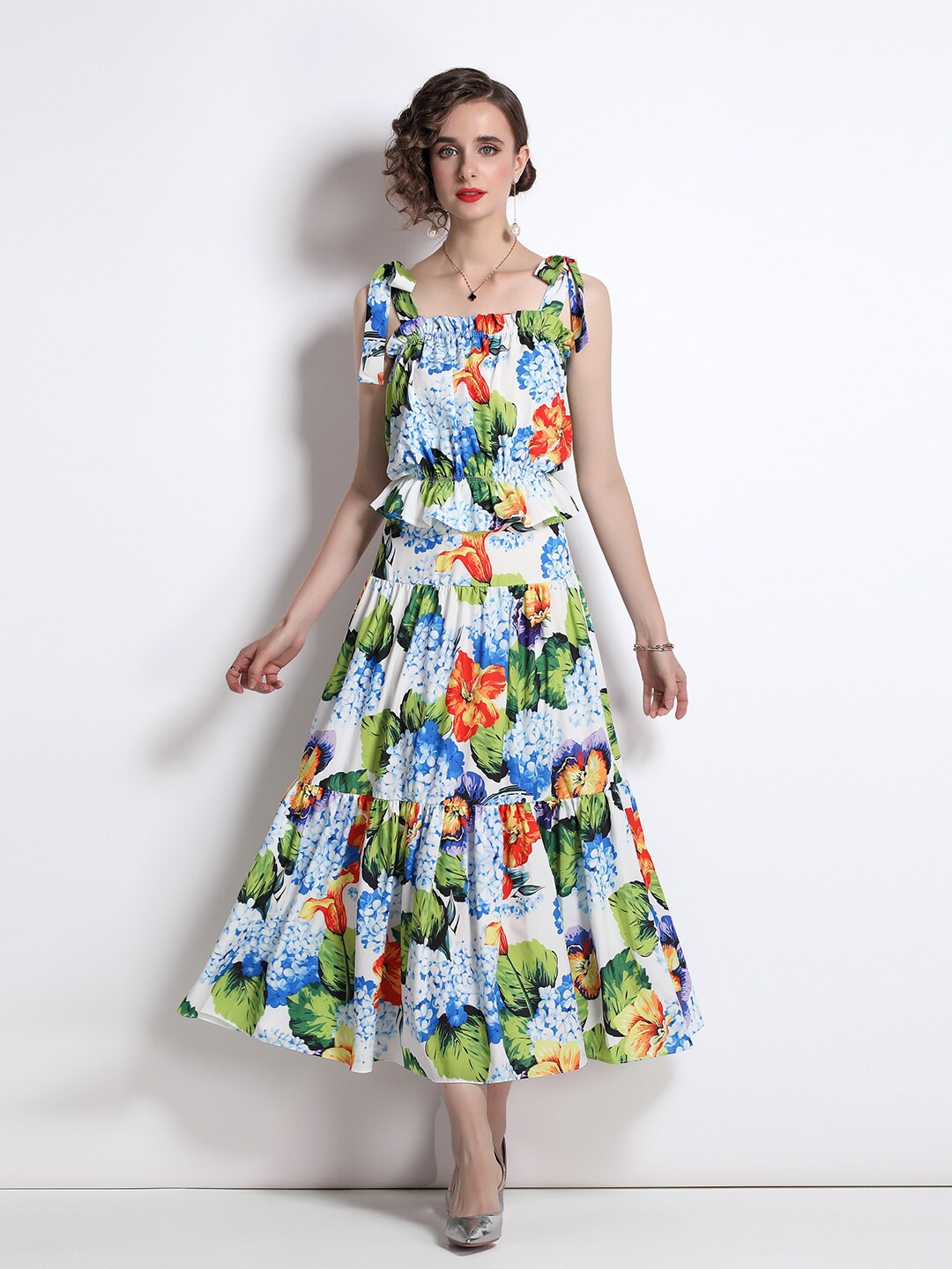 

JC Collection Women White & Green Printed Top with Skirt Co-Ords Set