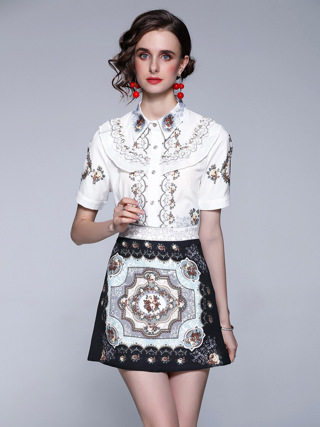 

JC Collection Women White & Black Printed Shirt with Skirt Co-Ords Set