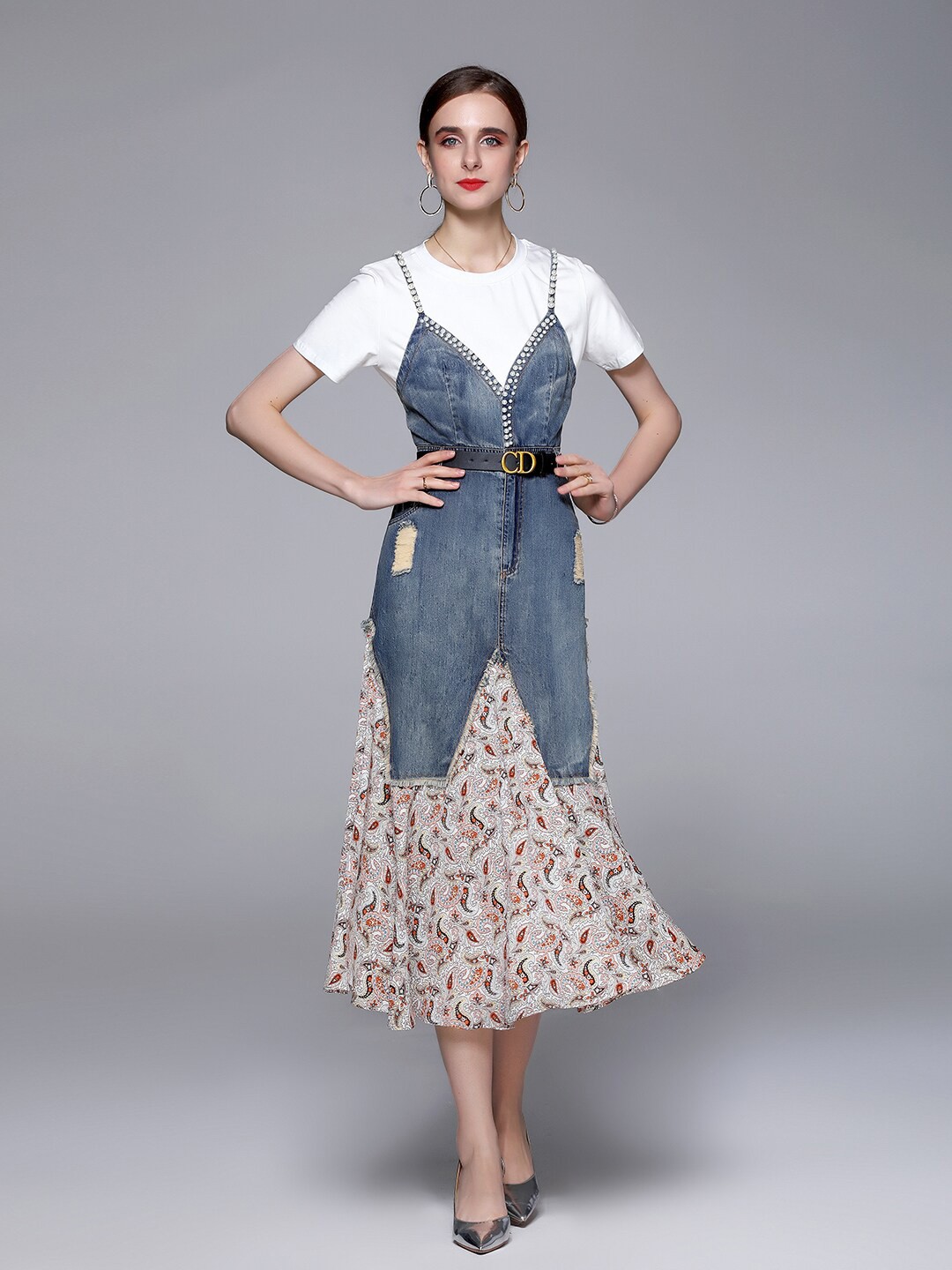 

JC Collection Women Blue & White Top with Printed Skirt Co-Ords Set