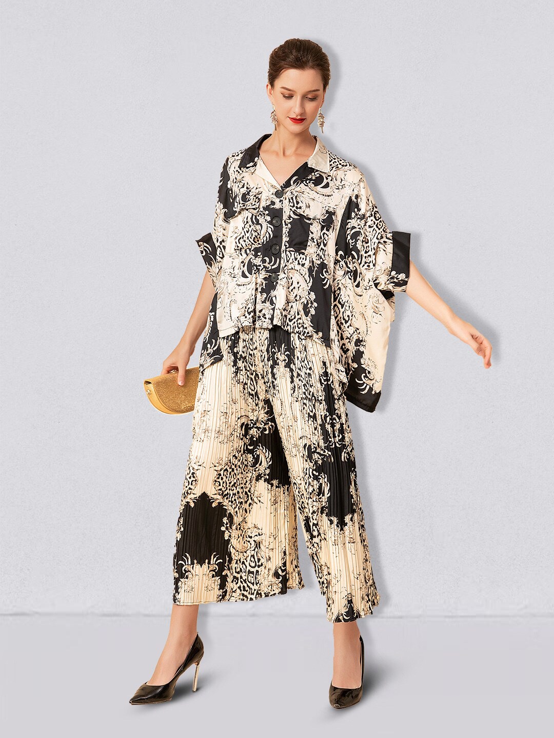 

JC Collection Women Black & Off White Printed Shirt with Trouser Co-Ords Set