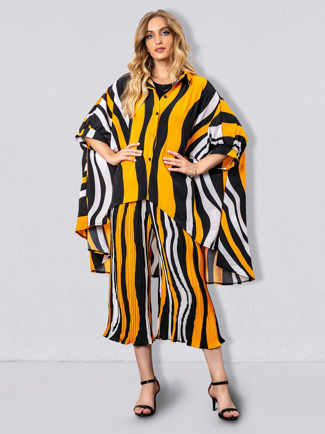

JC Collection Women Yellow & Black Striped Shirt with Trouser Co-Ords Set