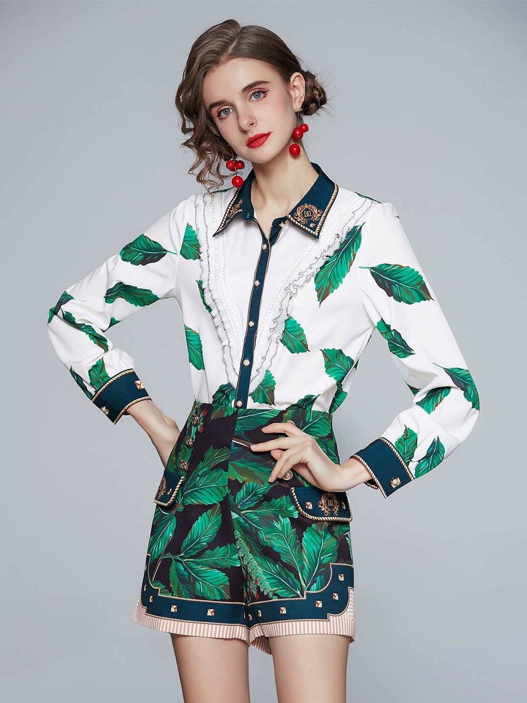 

JC Collection Women Green & White Printed Shirt with Shorts