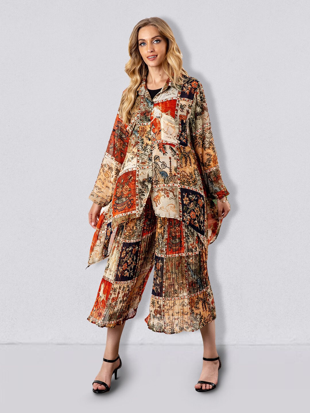 

JC Collection Women Red & Beige Printed Shirt with Culottes Trousers