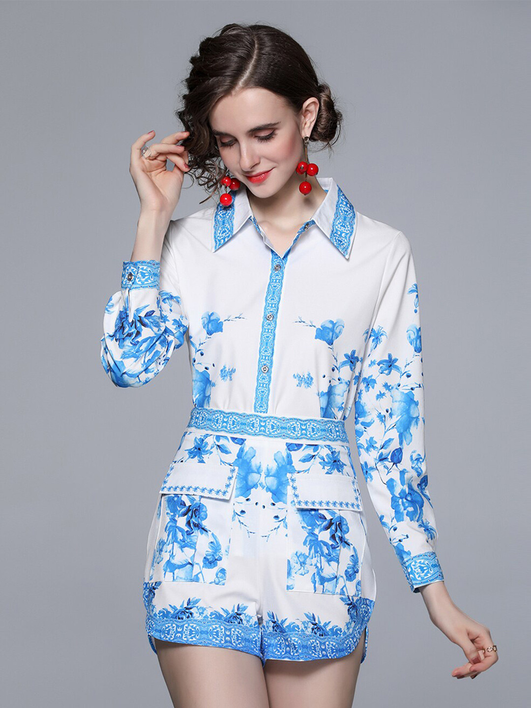 

JC Collection Women Blue & White Printed Shirt with Shorts