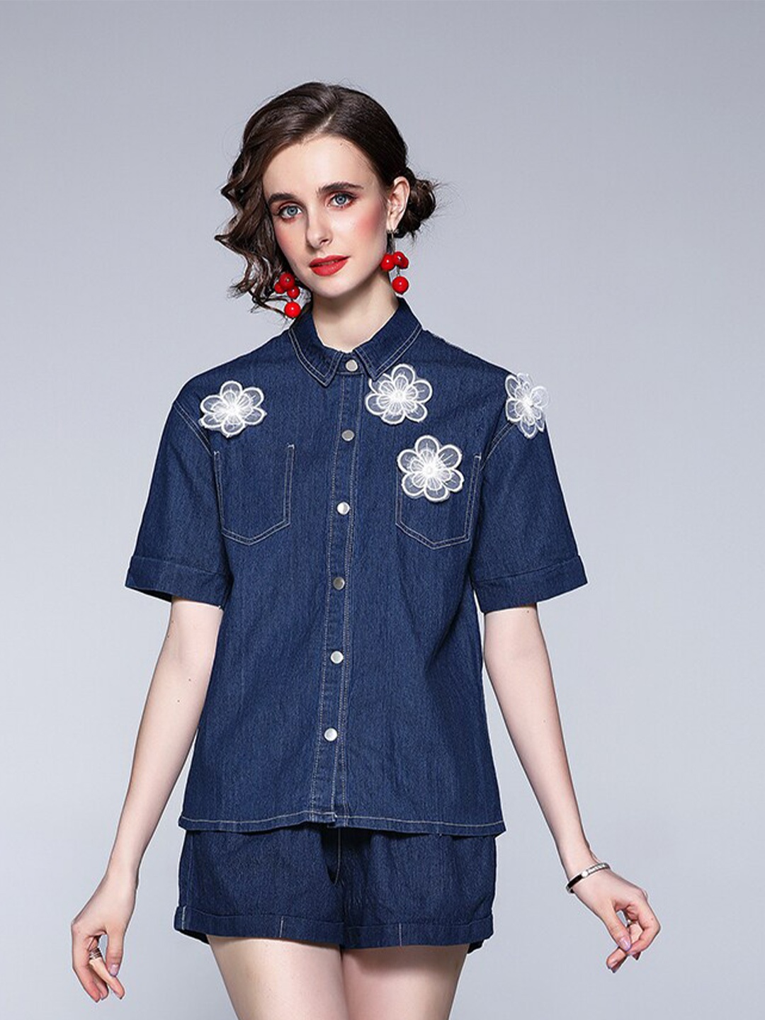 

JC Collection Women Blue Embellished Shirt with Shorts