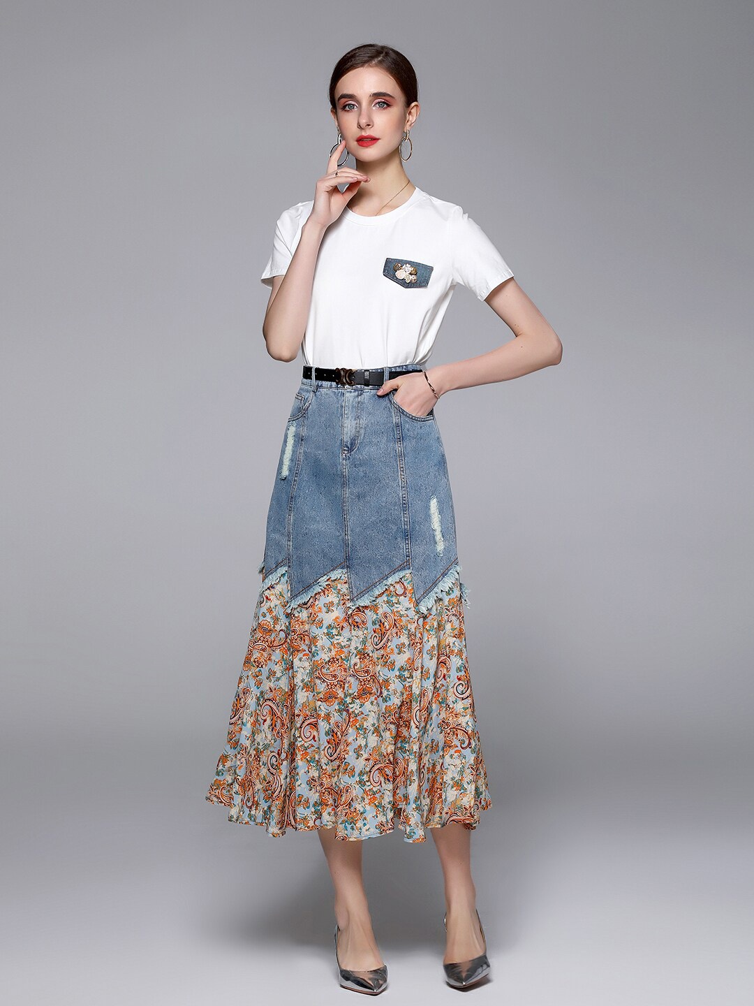 

JC Collection Women T-shirt with Printed Skirt Set, Orange