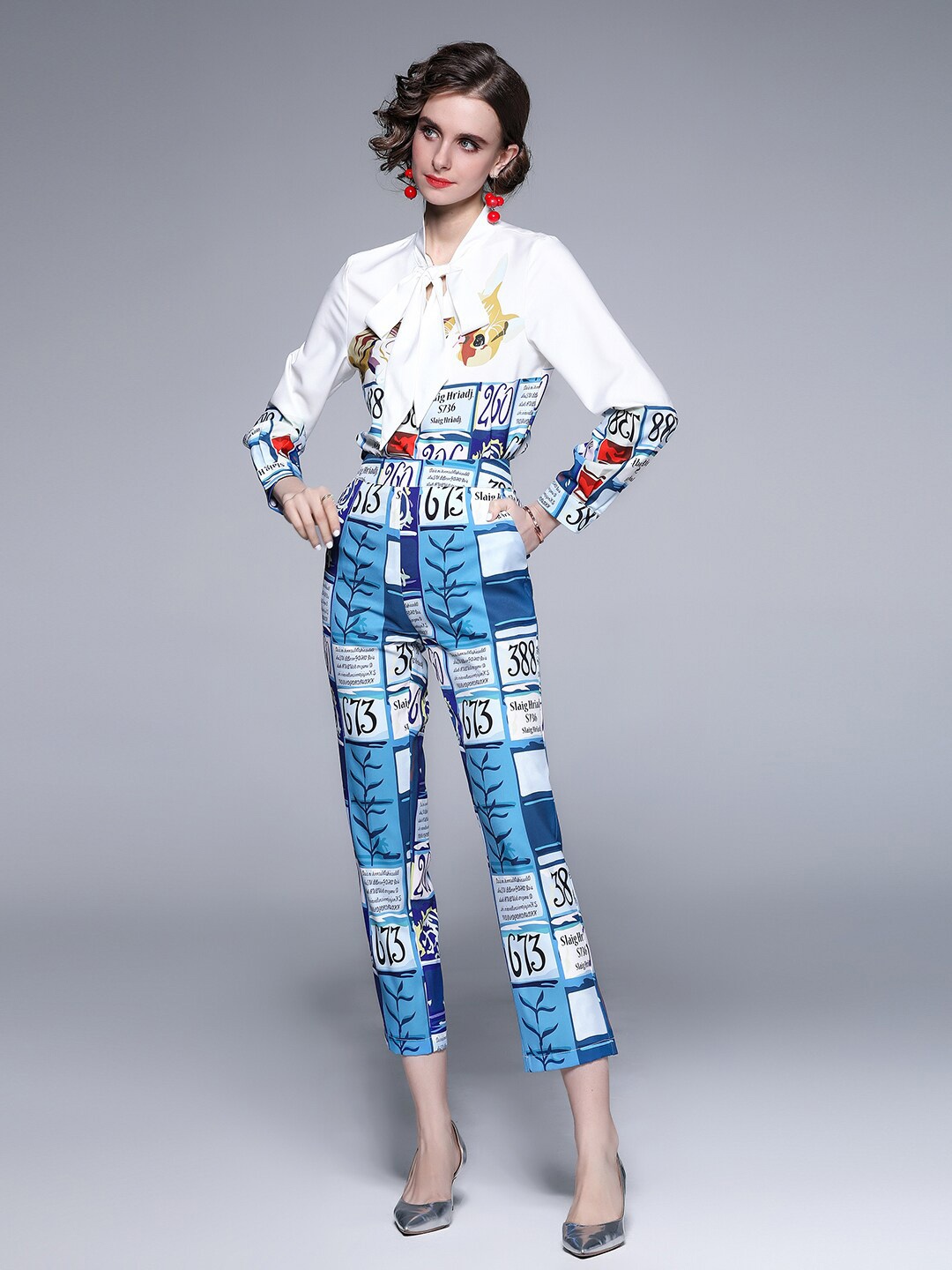 

JC Collection Women White & Blue Printed Top with Trousers