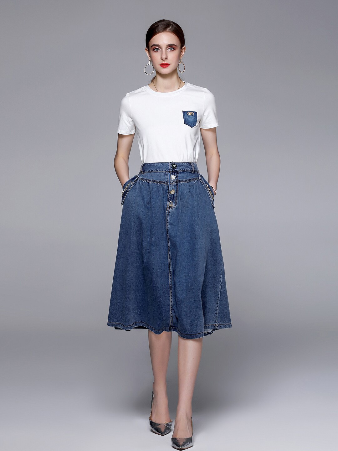 

JC Collection Women Blue & White T-shirt with Skirt