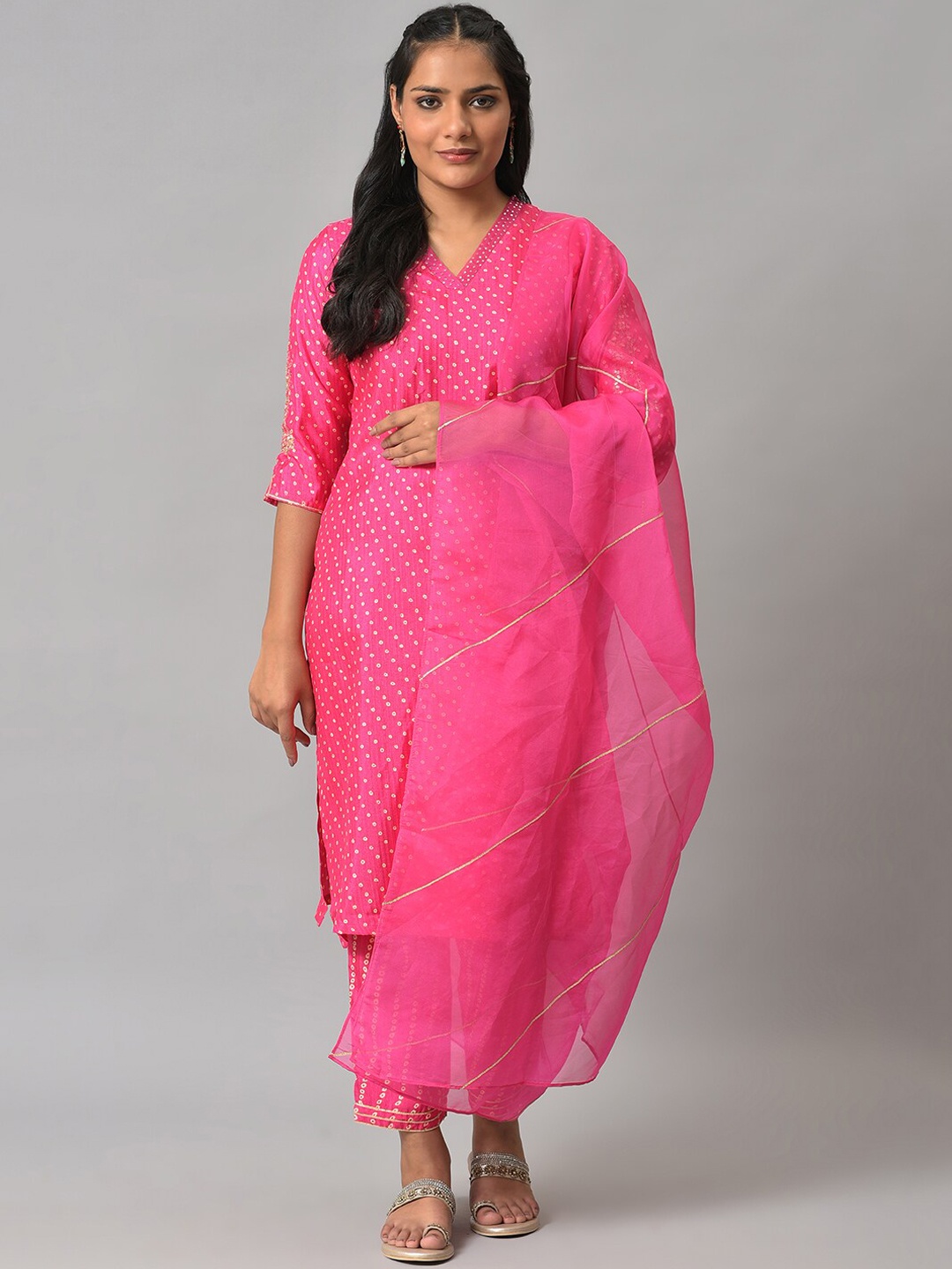 

W Polka Print Karnatka Silk Kurta With Straight Pant & Dupatta, Pink