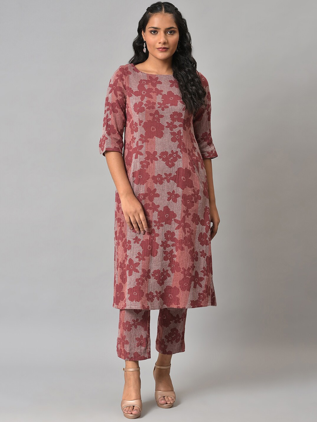 

W Women Printed Cotton Kurta with Trousers, Brown