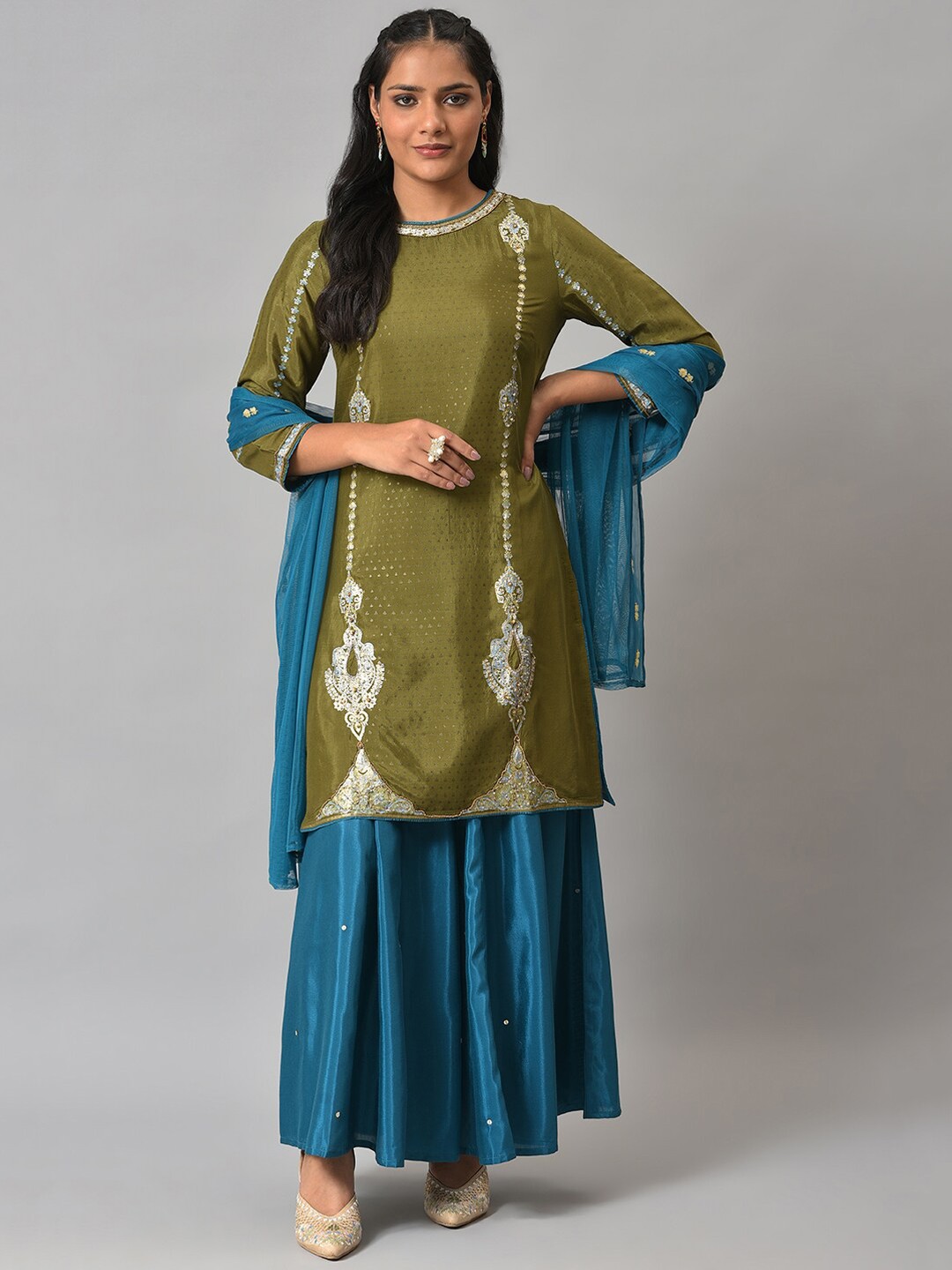 

WISHFUL Women Olive Green Embroidered Kurta with Palazzos & Dupatta
